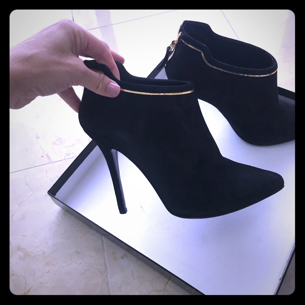 Giuseppe Zanotti black suede booties w/ gold trim